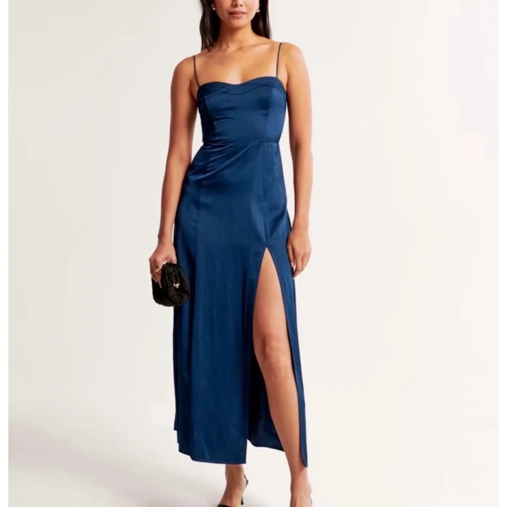 Abercrombie & Fitch Camille Satin Midi Dress Navy Blue High Slit Size Medium